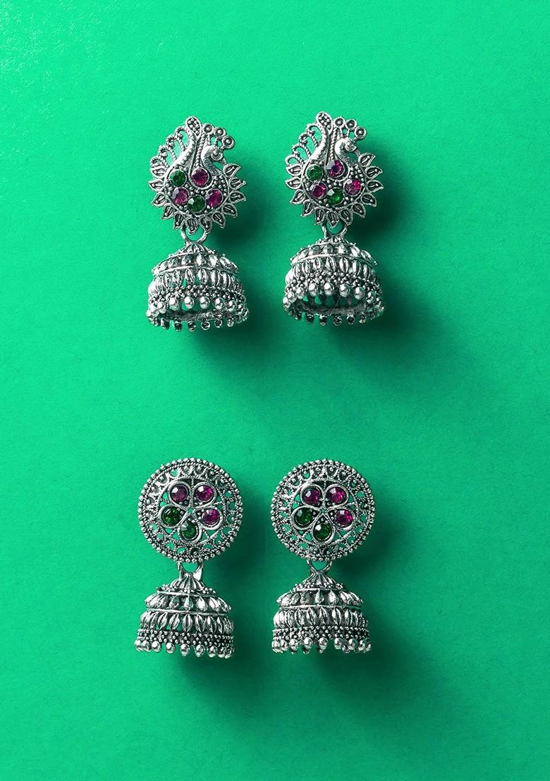 Silver Set Of 2 Silver Plated Artificial Stones Studded Dome Shaped Jhumkas