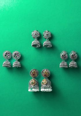 Silver Set Of 4 Silver Plated Artificial Stones Studded Dome Shaped Jhumkas