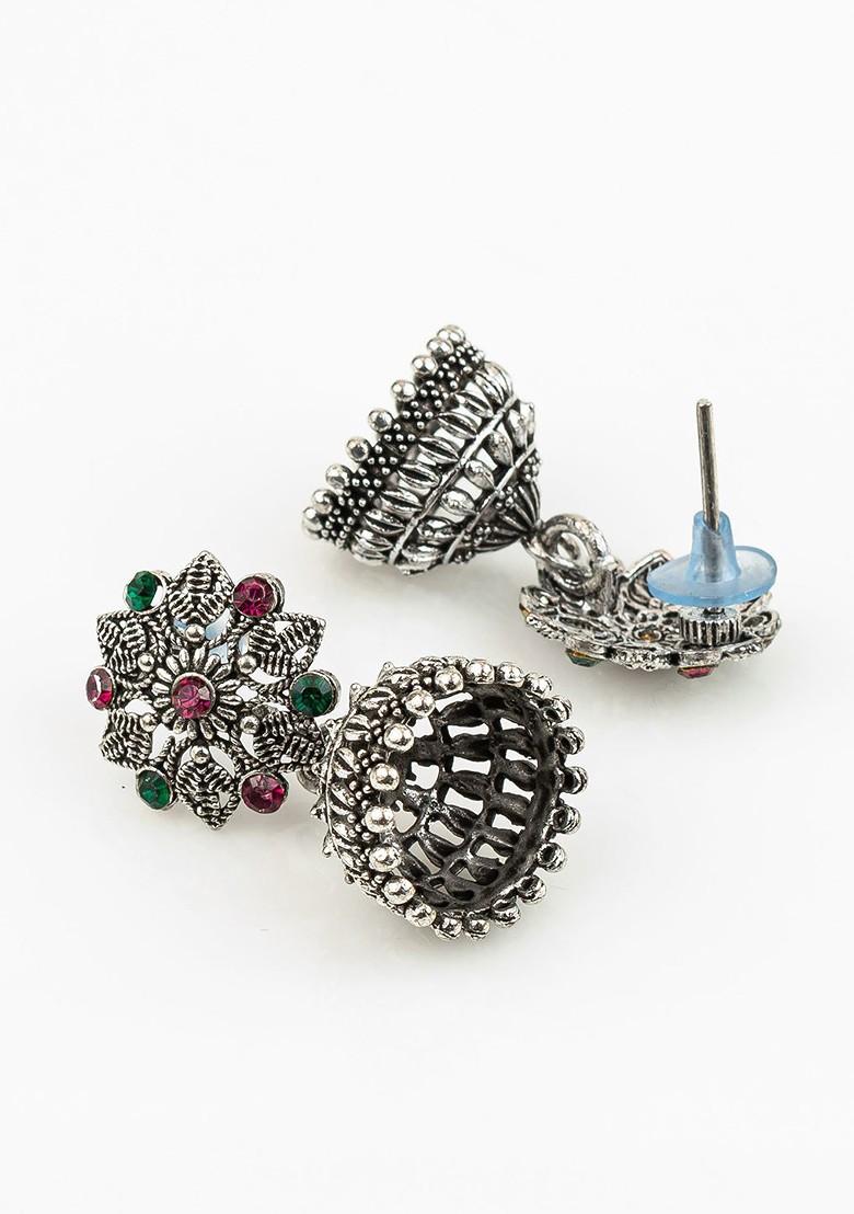 Silver Set Of 4 Silver Plated Artificial Stones Studded Dome Shaped Jhumkas