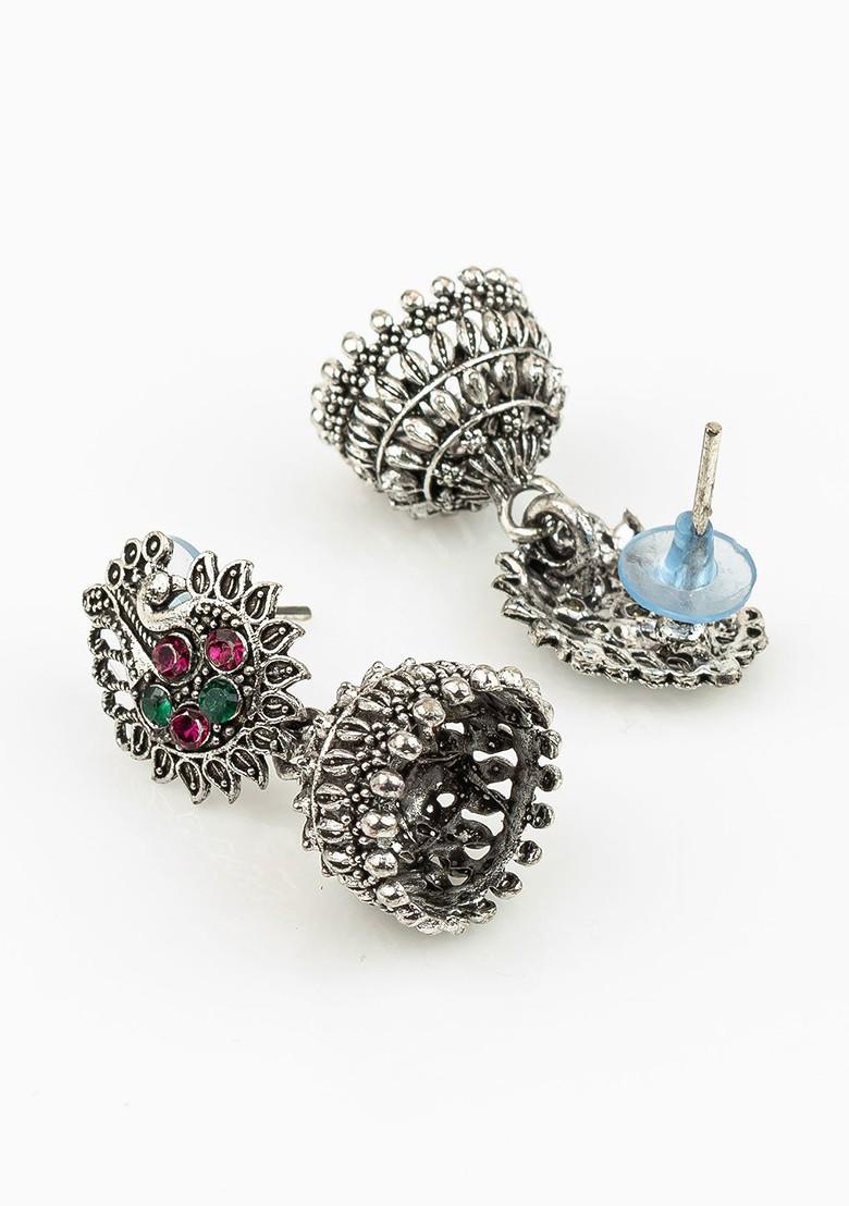 Silver Set Of 4 Silver Plated Artificial Stones Studded Dome Shaped Jhumkas