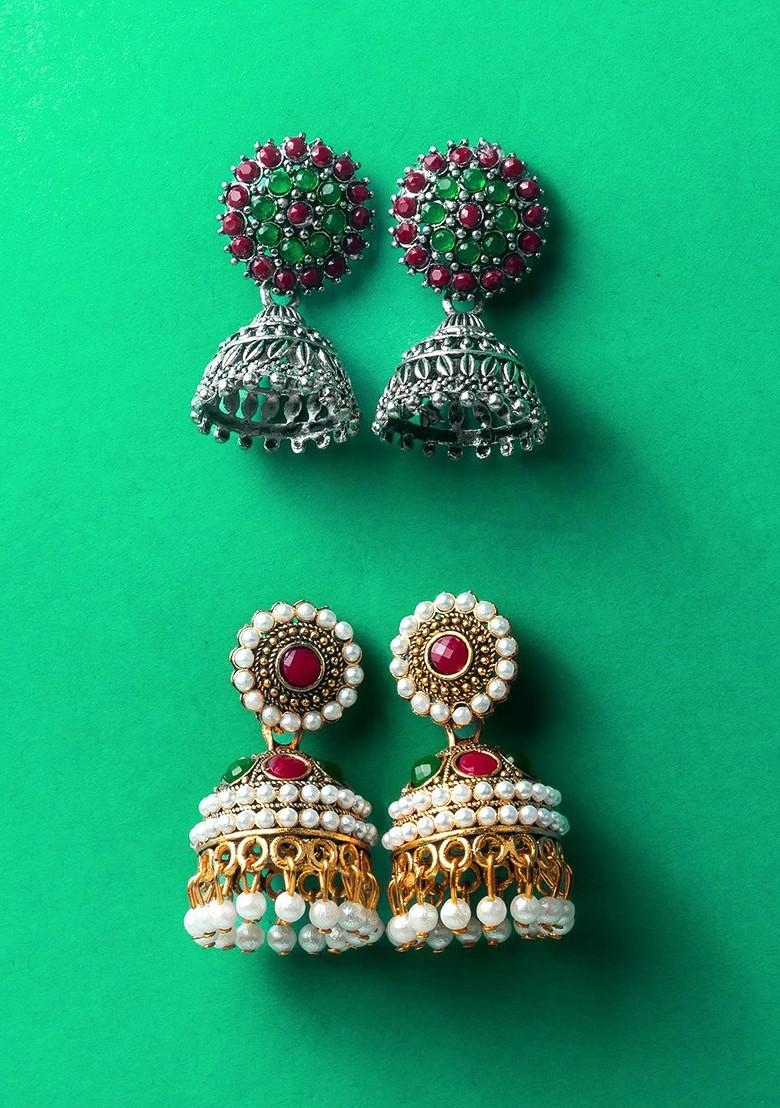 Set Of 2 Silver Plated Artificial Stones Studded Dome Shaped Jhumkas