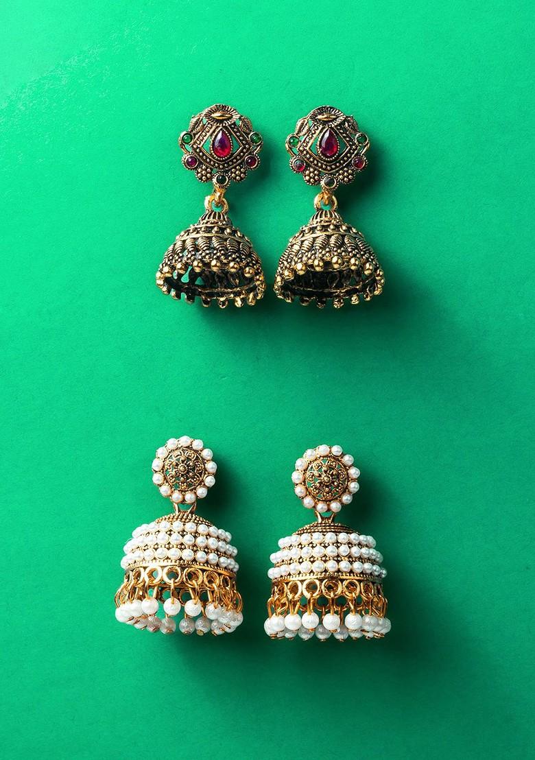 Set Of 2 Gold Plated Artificial Stones Studded Dome Shaped Jhumkas
