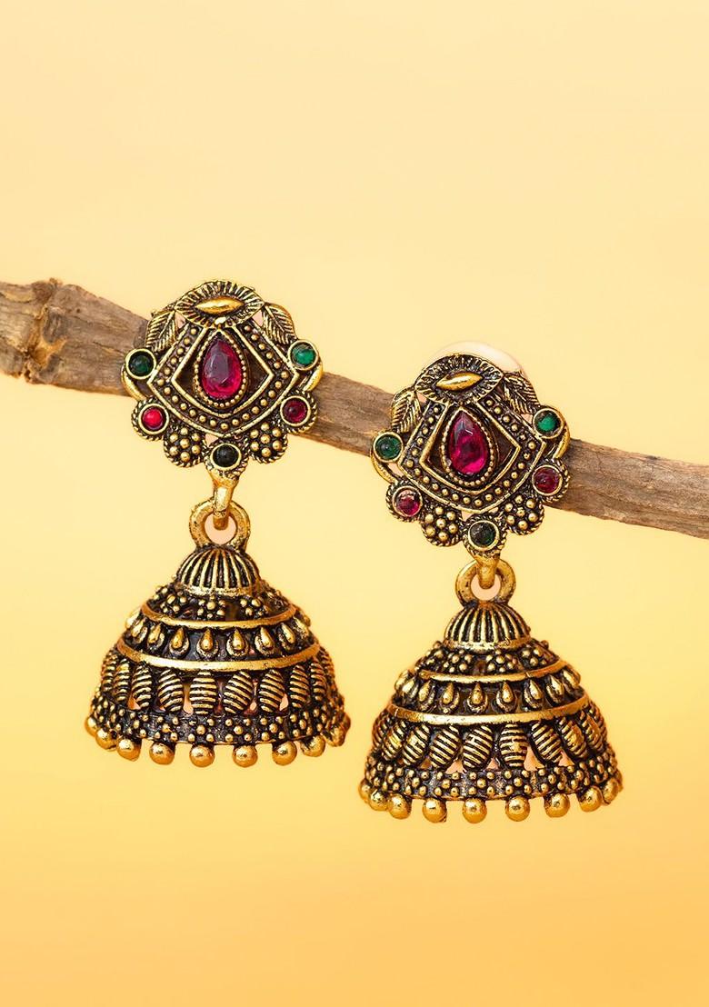 Set Of 2 Gold Plated Artificial Stones Studded Dome Shaped Jhumkas
