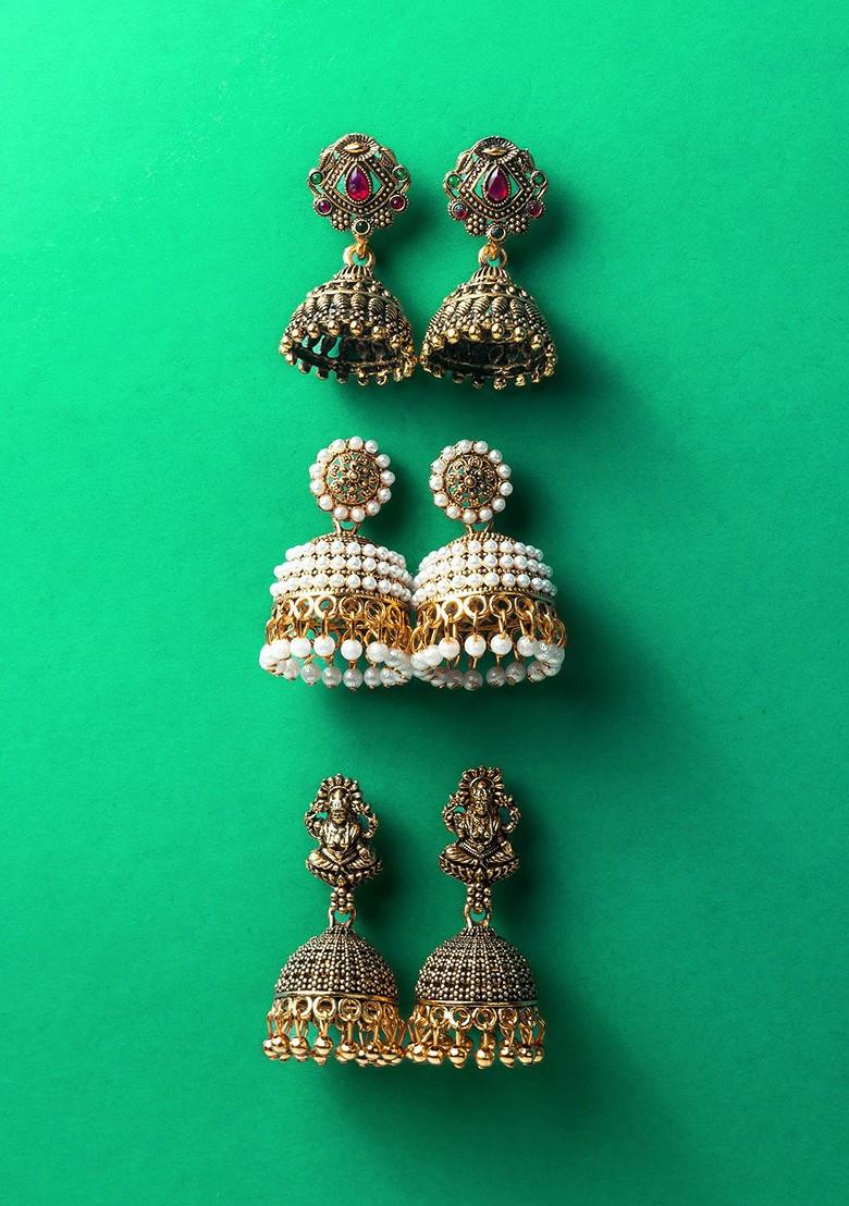 Set Of 3 Gold Plated Artificial Stones Studded Dome Shaped Jhumkas