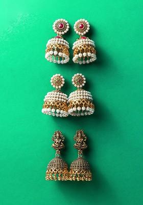Set Of 3 Silver Plated Artificial Stones Studded And Beaded Dome Shaped Jhumkas