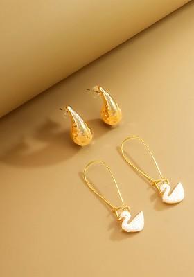 Set Of 2 Gold Plated Teardrop Shaped Half Hoop Earrings