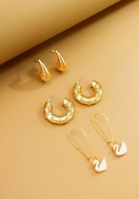 Set Of 3 Gold Plated Contemporary Shaped Half Hoop Earrings