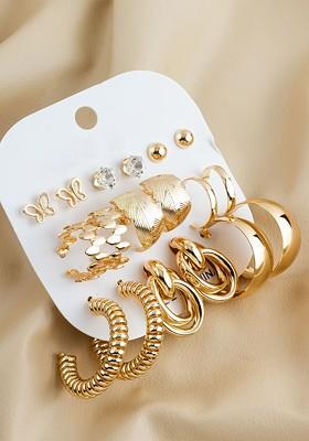 Set Of 9 Gold Plated Artificial Stones Studded Contemporary Shaped Studs