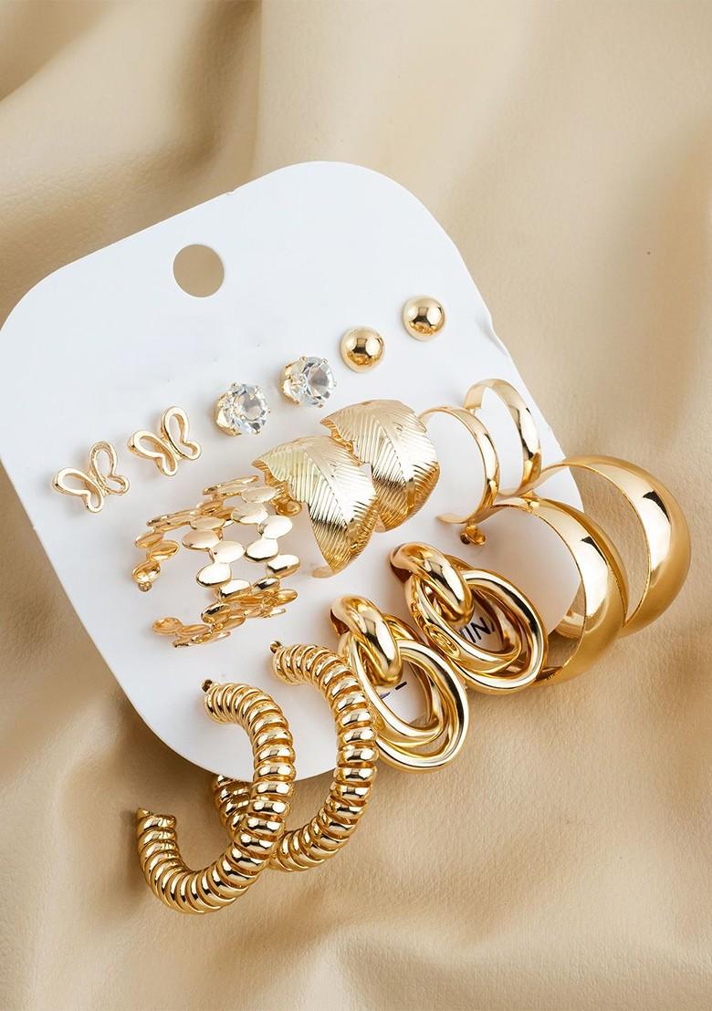 Set Of 9 Gold Plated Artificial Stones Studded Contemporary Shaped Studs