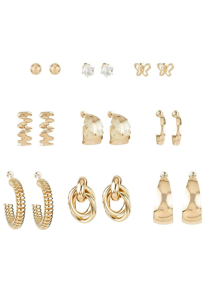 Set Of 9 Gold Plated Artificial Stones Studded Contemporary Shaped Studs