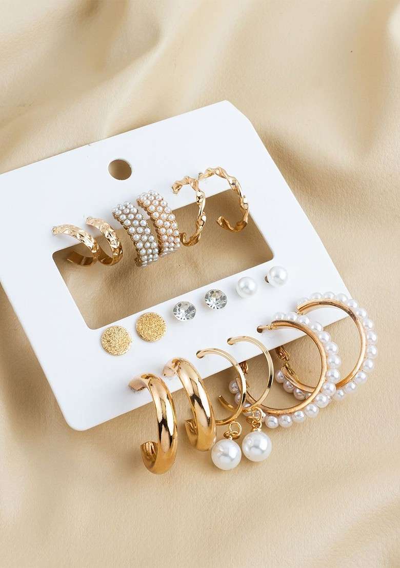 Set Of 9 Gold Plated Artificial Beaded Contemporary Shaped Studs - Indya