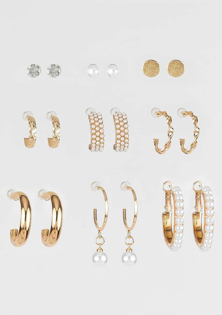 Set Of 9 Gold Plated Artificial Beaded Contemporary Shaped Studs - Indya