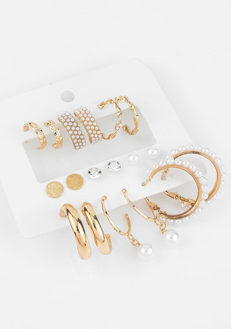 Set Of 9 Gold Plated Artificial Beaded Contemporary Shaped Studs