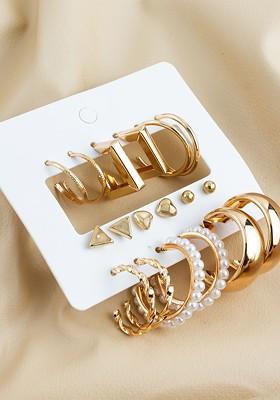Set Of 9 Gold Plated Artificial Beaded Contemporary Shaped Studs