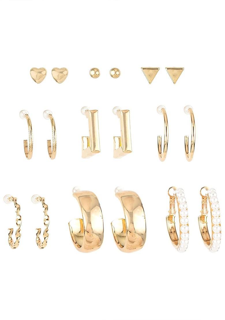 Set Of 9 Gold Plated Artificial Beaded Contemporary Shaped Studs