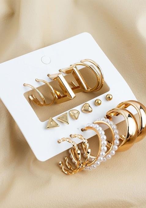 Set Of 9 Gold Plated Artificial Beaded Contemporary Shaped Studs