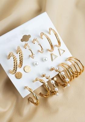 Set Of 9 Gold Plated Artificial Beaded Contemporary Shaped Studs