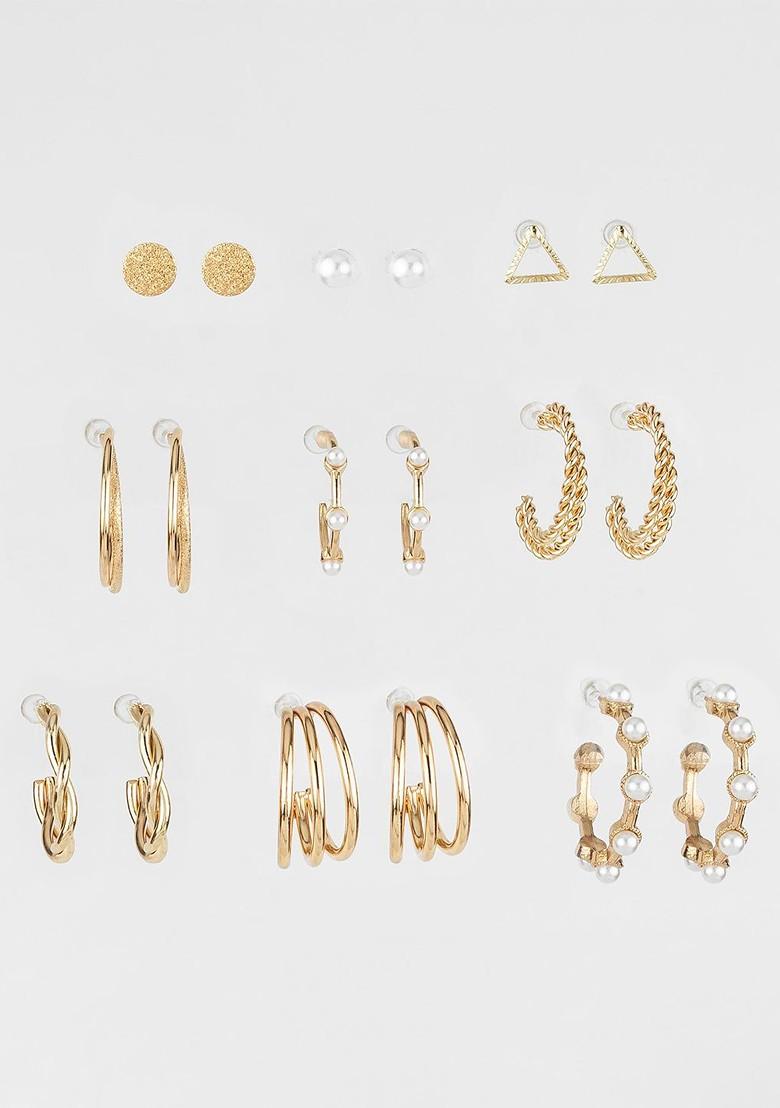 Set Of 9 Gold Plated Artificial Beaded Contemporary Shaped Studs