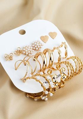 Set Of 9 Gold Plated Artificial Beaded Contemporary Shaped Studs