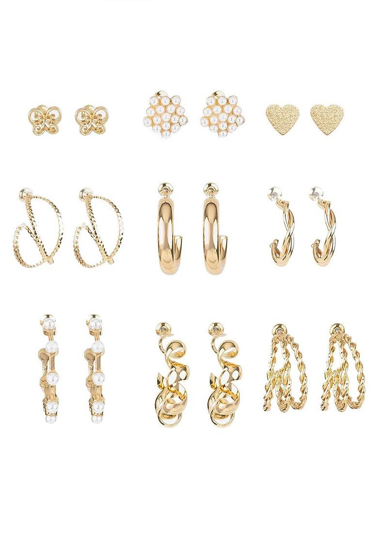 Set Of 9 Gold Plated Artificial Beaded Contemporary Shaped Studs