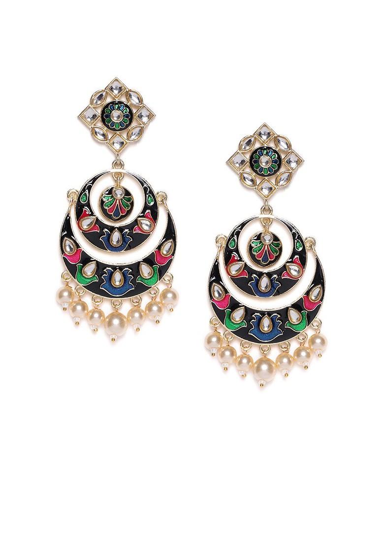 Black Gold Plated Meenakari And Kundan Chandbali Earrings With Pearl Drops