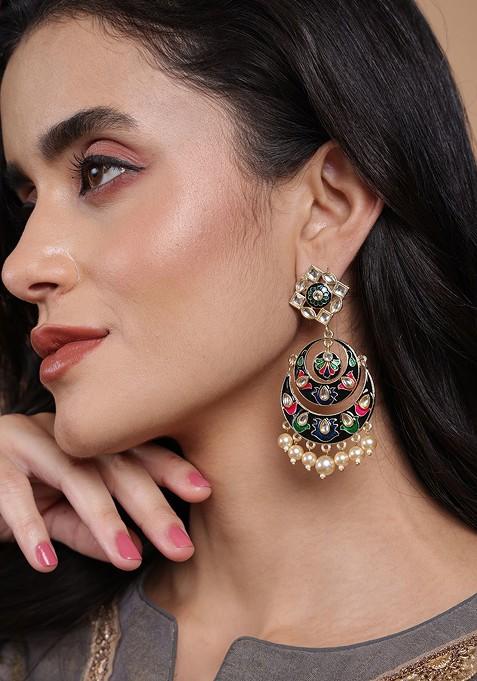 Black Gold Plated Meenakari And Kundan Chandbali Earrings With Pearl Drops