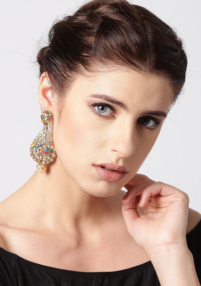 Multicoloured Gold Plated Stone Studded Antique Drop Earrings