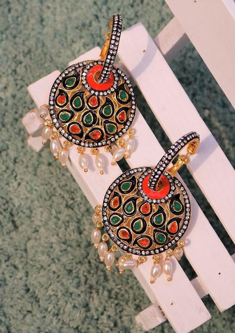 Multicoloured Gold Plated Stone Studded Antique Hoop Earrings