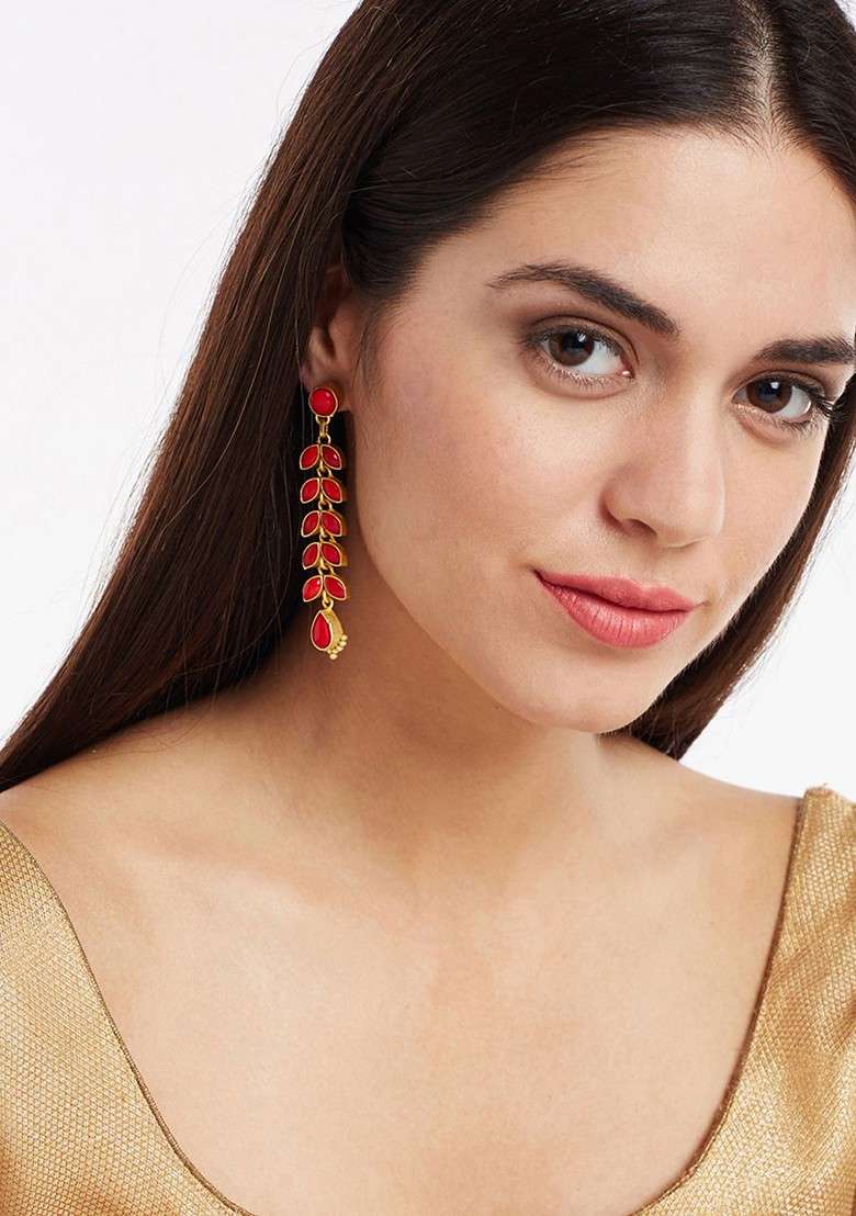 Gold Plated And Red Teardrop Shaped Drop Earrings - Indya