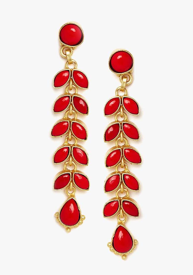 Gold Plated And Red Teardrop Shaped Drop Earrings - Indya
