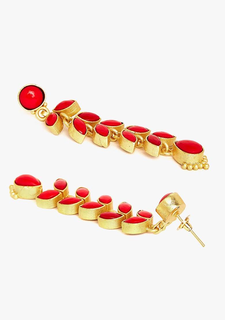 Gold Plated And Red Teardrop Shaped Drop Earrings