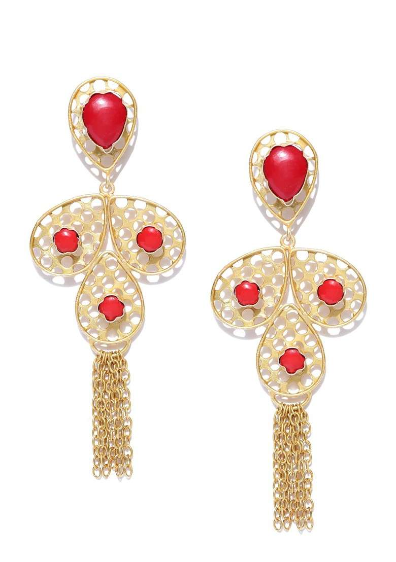 Gold Toned Gold Plated And Red Contemporary Drop Earrings - Indya