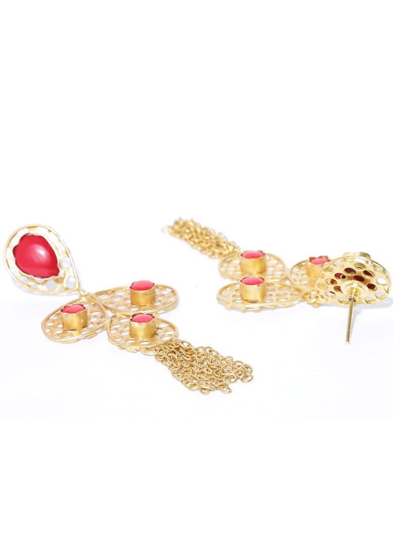 Gold Toned Gold Plated And Red Contemporary Drop Earrings