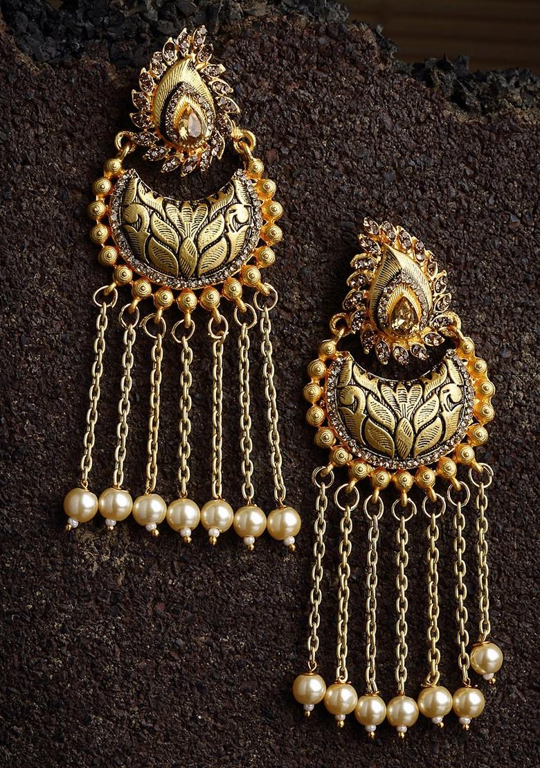 Gold Plated And Pearl Studded Paisley Shaped Chandbalis