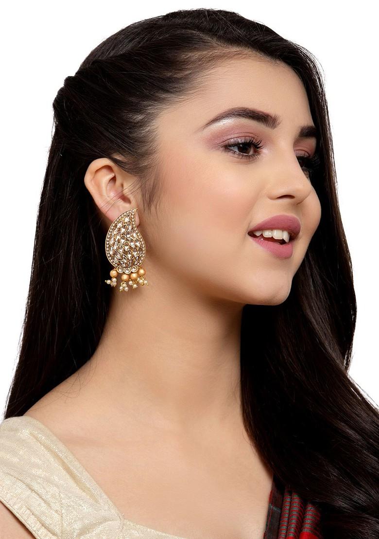 Gold Plated And White Paisley Shaped Drop Earrings