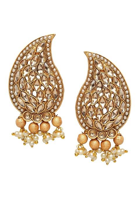 Gold Plated And White Paisley Shaped Drop Earrings