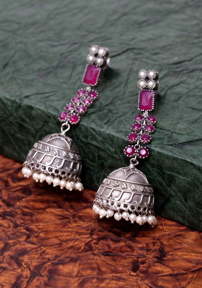 Silver Silver Plated And Pink Contemporary Jhumkas