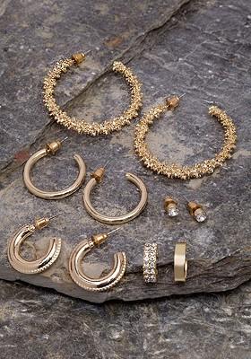 Set Of 6 Gold Toned Circular Half Hoop Earrings