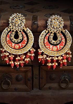 Gold Plated And Red Crescent Shaped Chandbalis Earrings