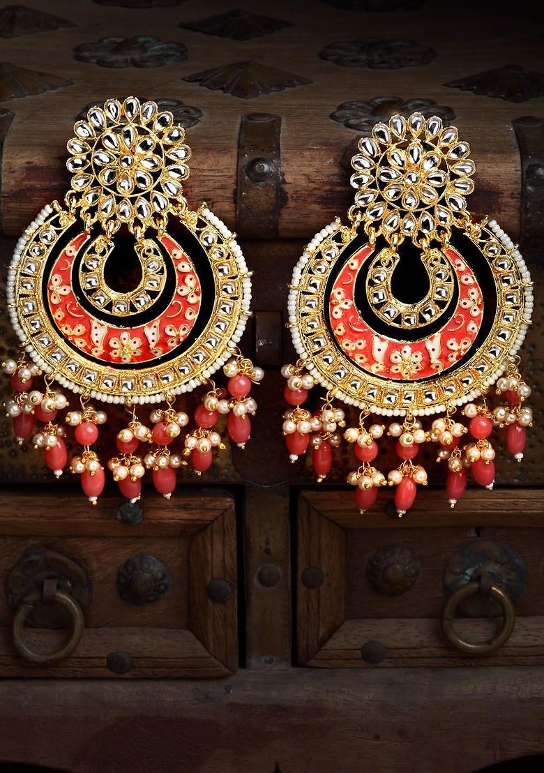 Gold Plated And Red Crescent Shaped Chandbalis Earrings