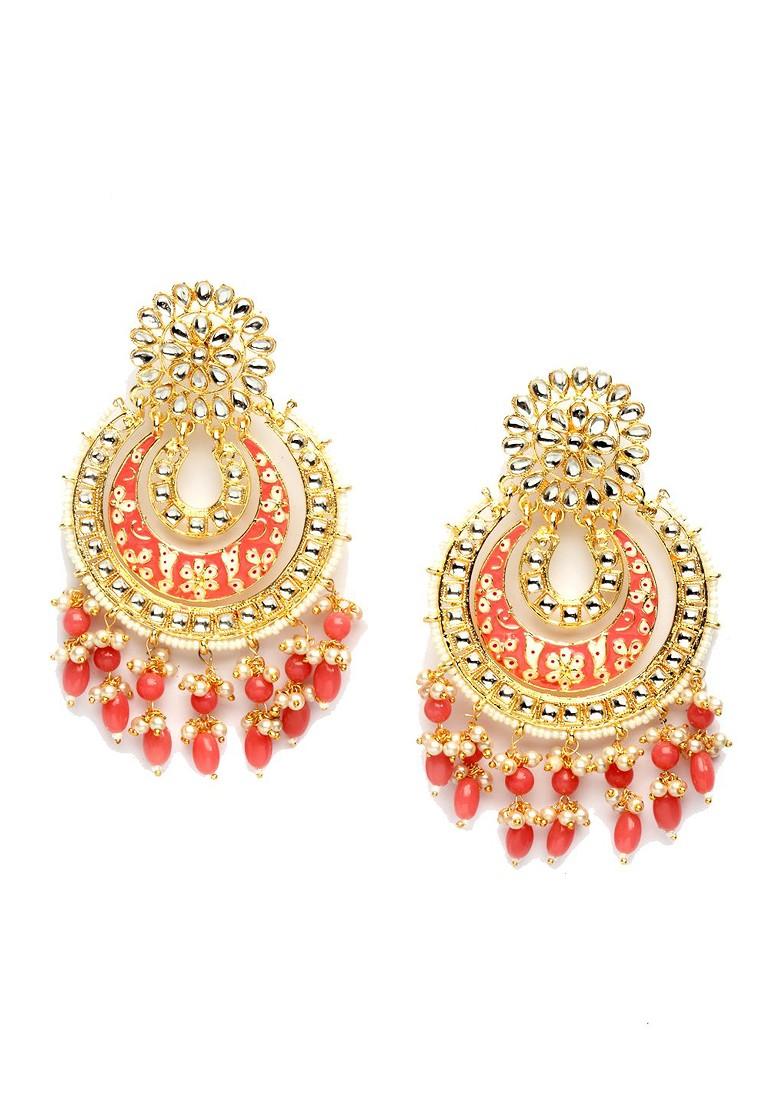 Gold Plated And Red Crescent Shaped Chandbalis Earrings