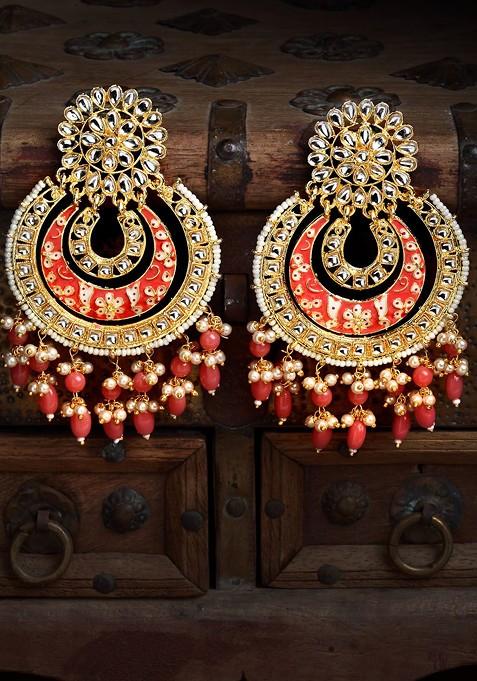 Gold Plated And Red Crescent Shaped Chandbalis Earrings