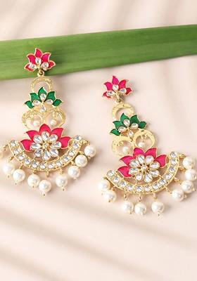 Gold Toned And White Floral Drop Earrings