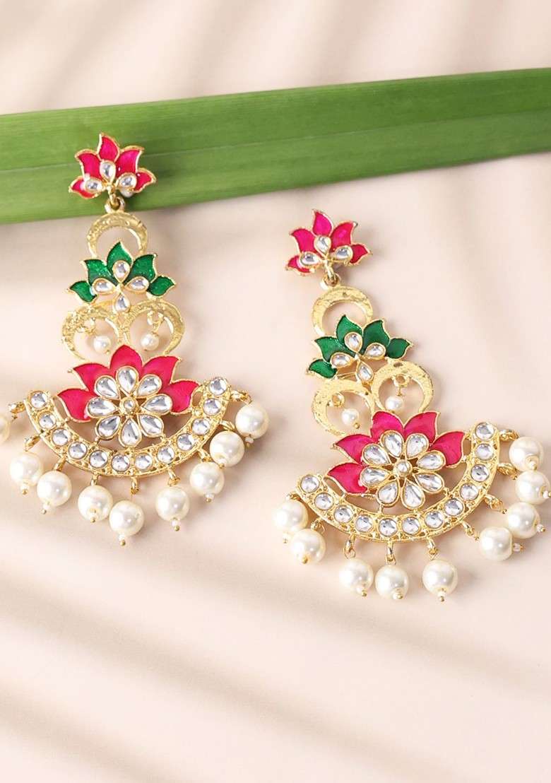 Gold Toned And White Floral Drop Earrings - Indya