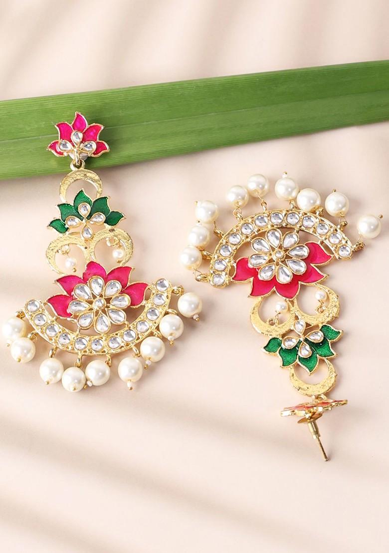 Gold Toned And White Floral Drop Earrings