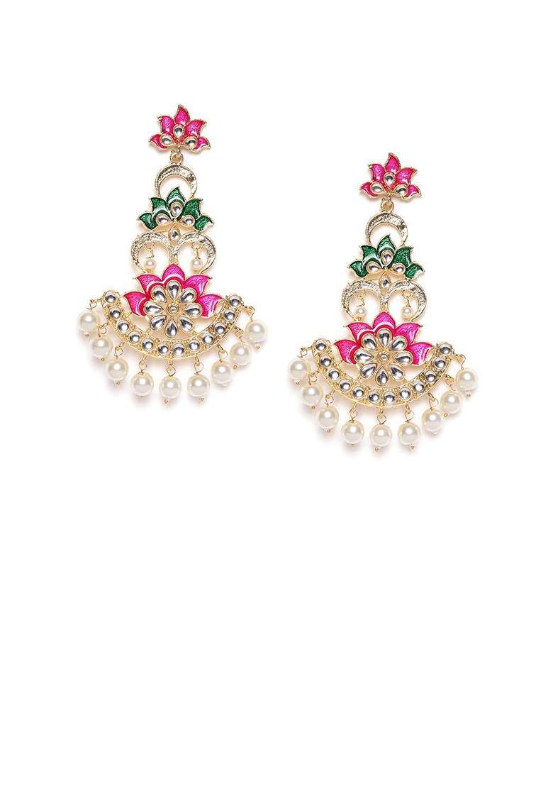 Gold Toned And White Floral Drop Earrings - Indya