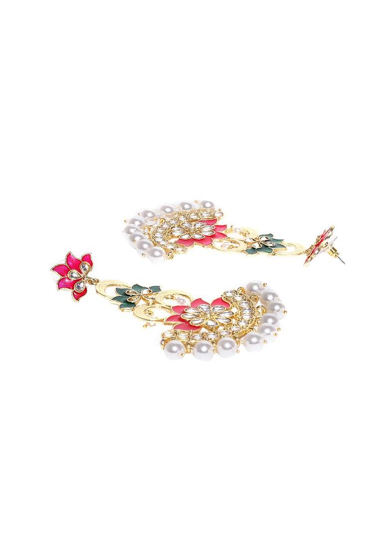 Gold Toned And White Floral Drop Earrings