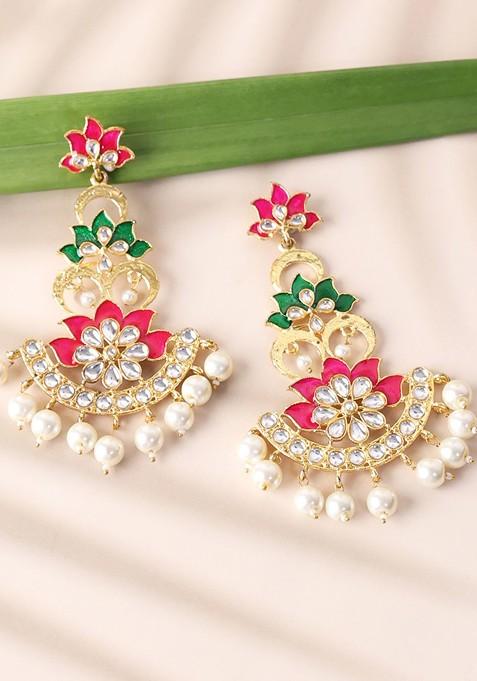 Gold Toned And White Floral Drop Earrings