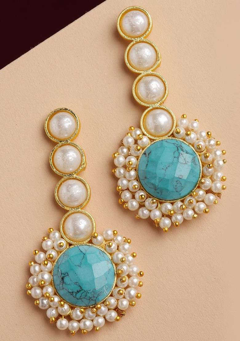 Gold Toned And Blue Contemporary Drop Earrings - Indya