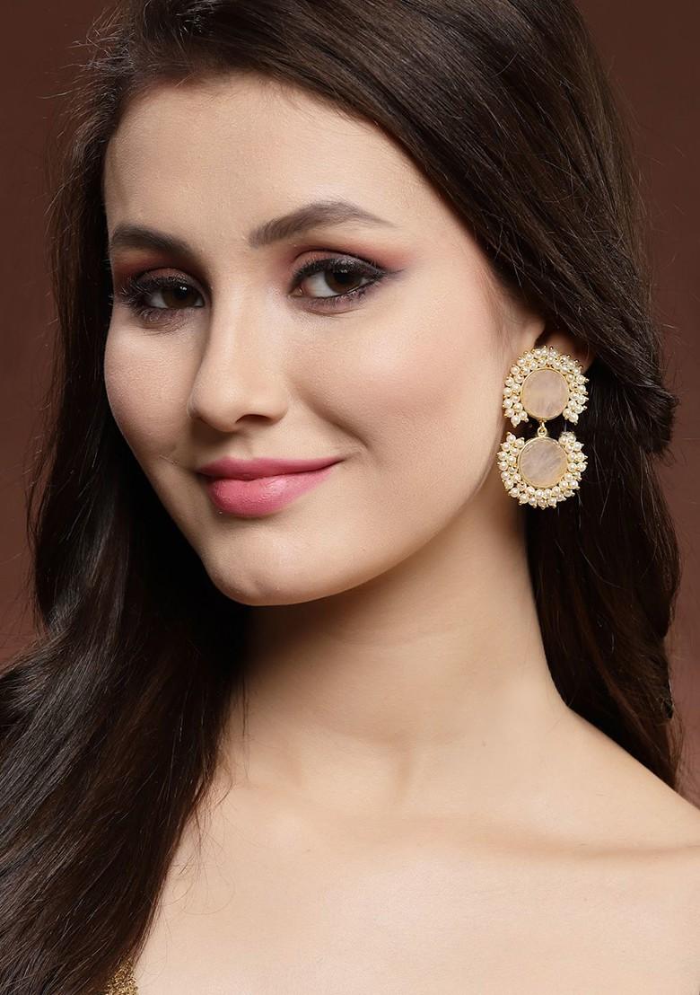 Gold Toned And White Classic Drop Earrings